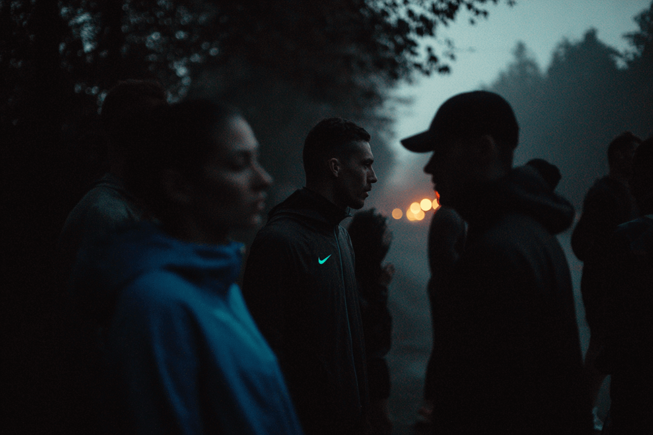 People standing in a dark forest with a street light in the background