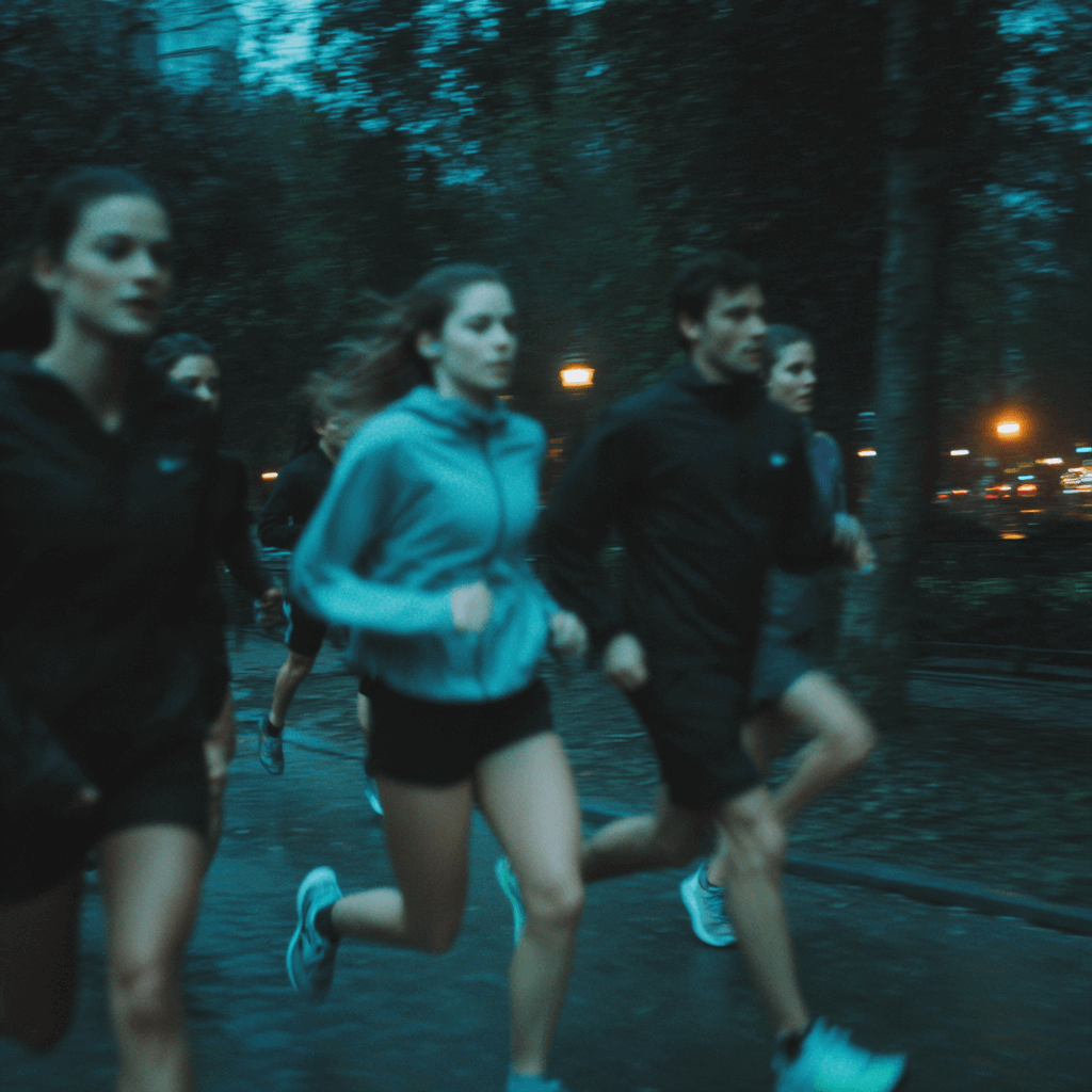 Group of runners on a path at night