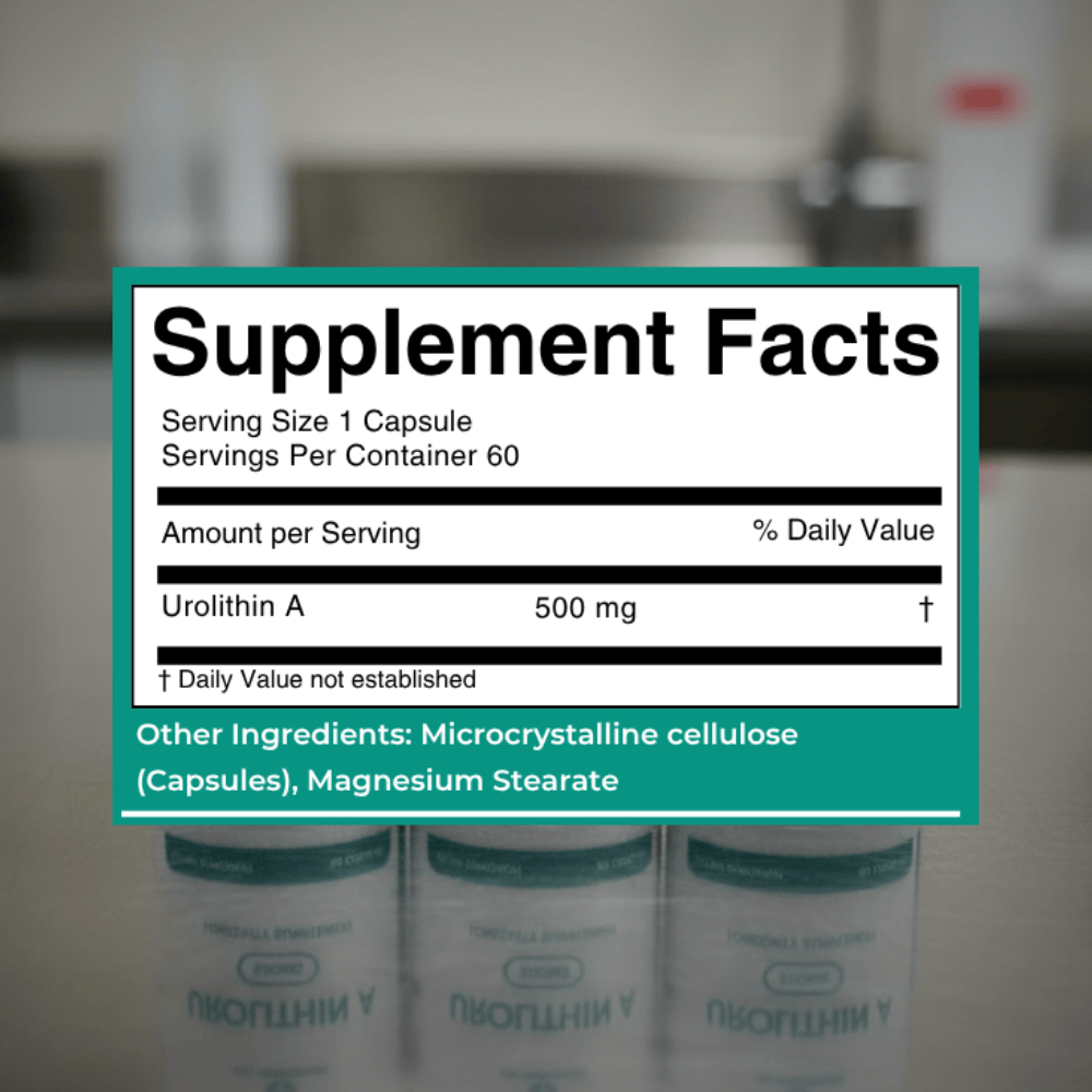 Supplement facts label with Urolithin A on a blurred background