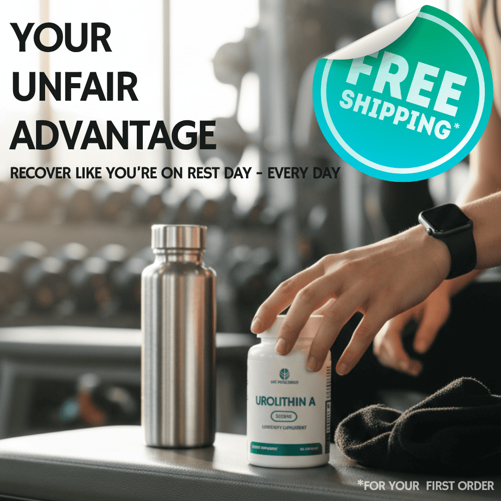 Person holding a supplement bottle with gym equipment in the background, promoting 'Your Unfair Advantage' and free shipping.