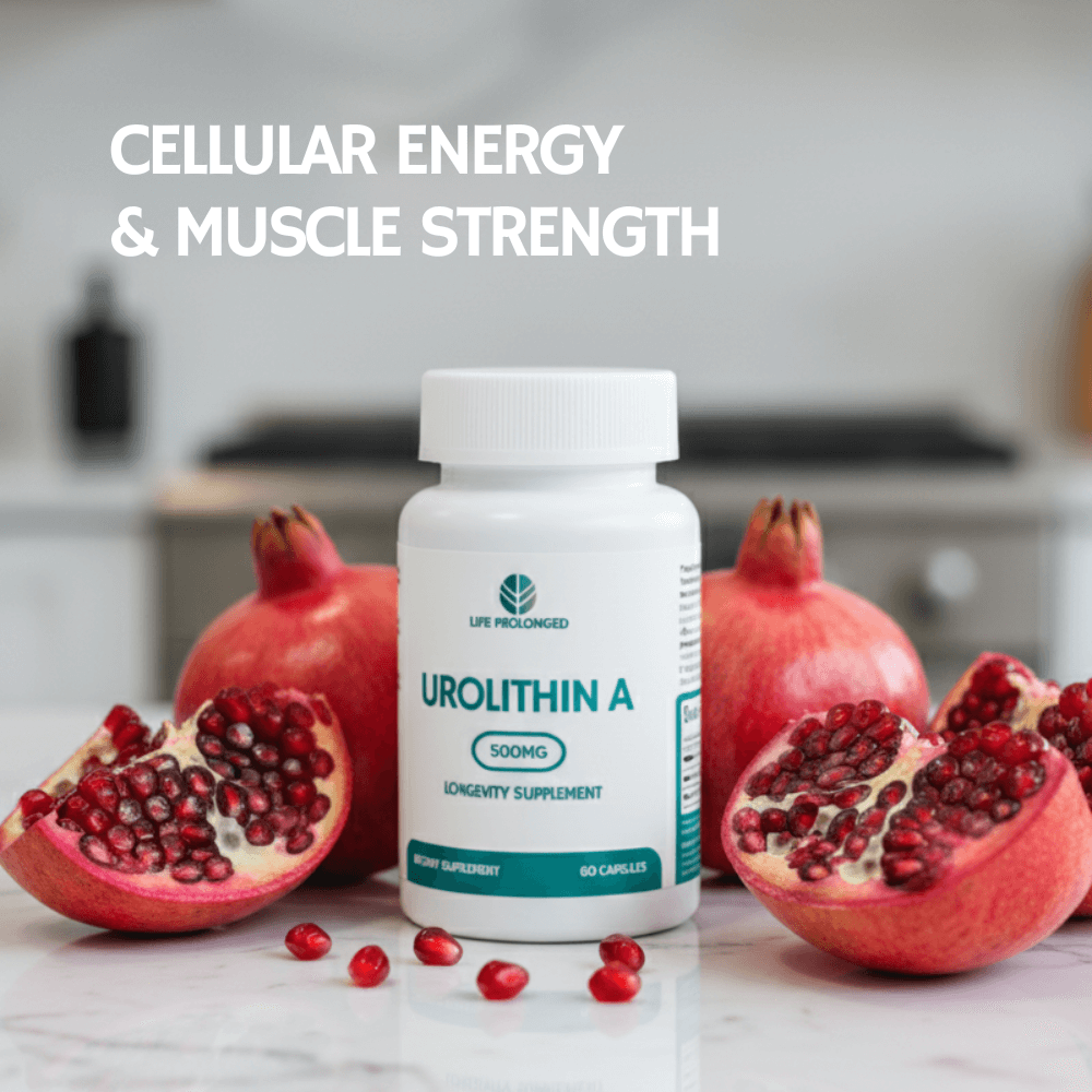 Supplement bottle labeled 'Urolithin A' with pomegranates on a kitchen counter.