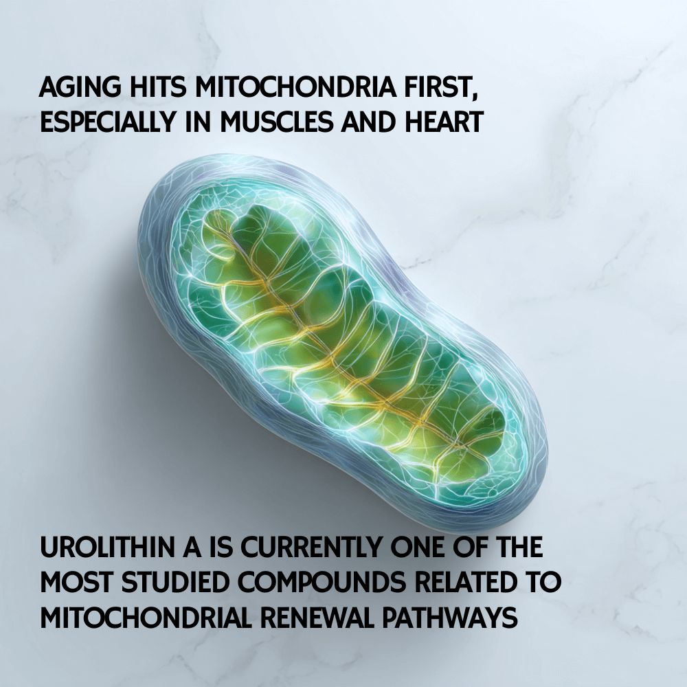 Mitochondrion graphic with text about aging and urolithin A on a light background